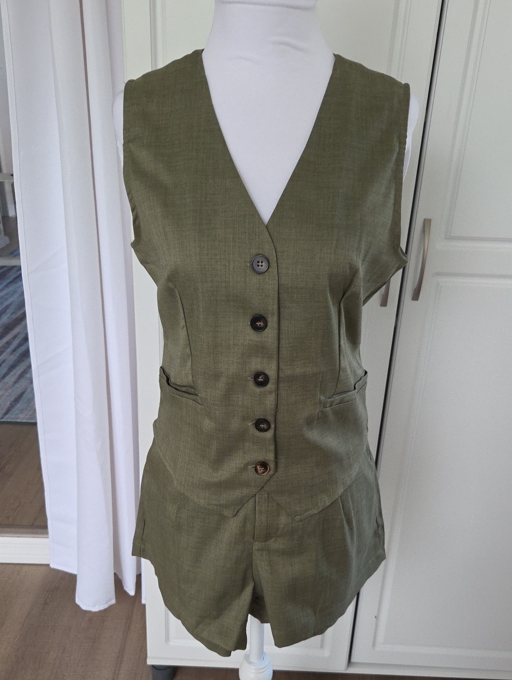Tailored Sleeveless Olive Green Vest And Shorts